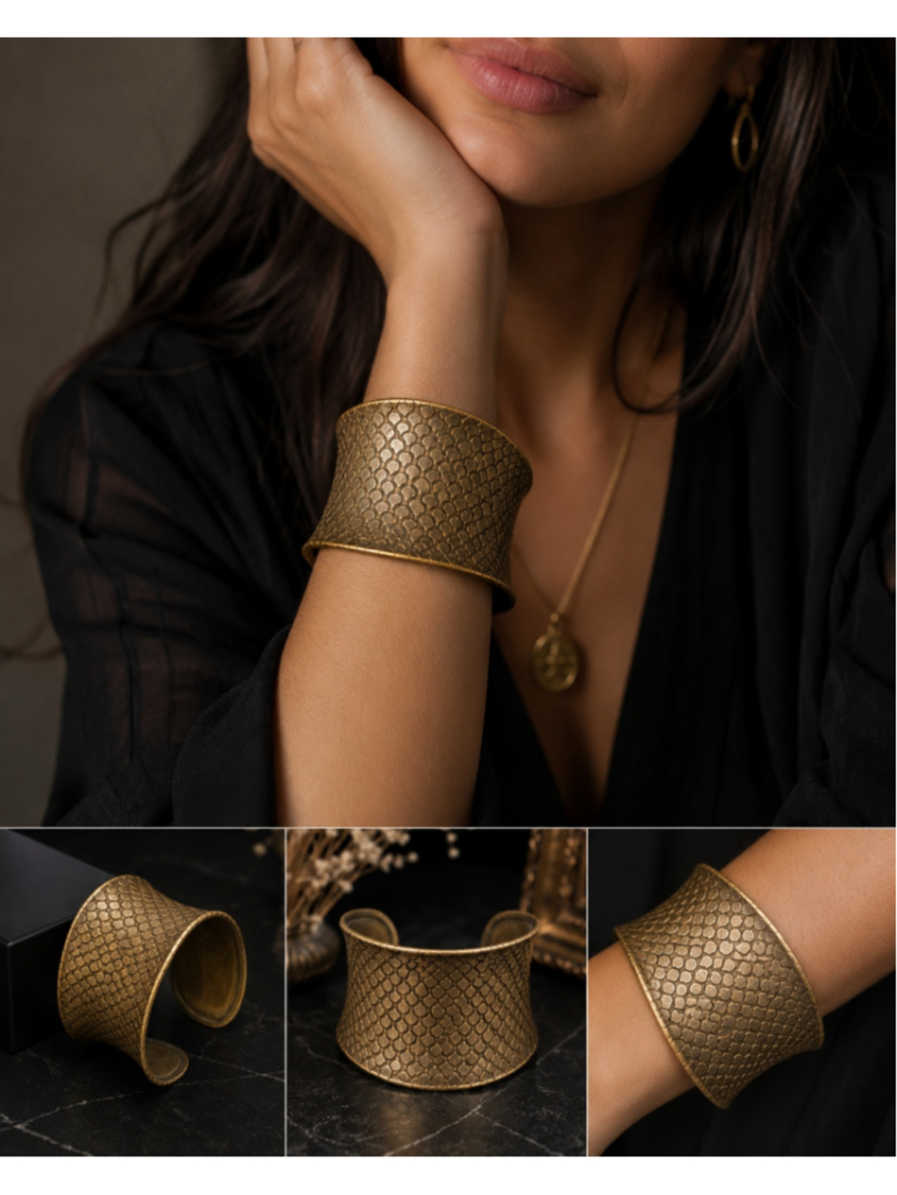 Vintage Wide Brass Cuff Bracelet | Textured Scale Pattern Statement Bangle